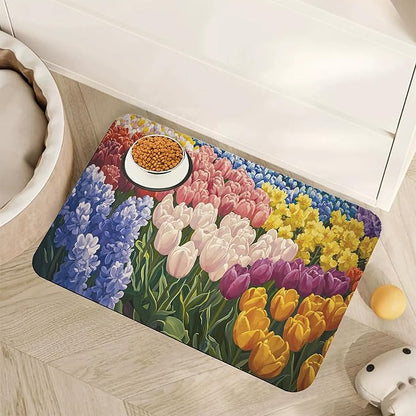 Tulip Lavender Pet Feeding Mat, Vintage Flower Fields Absorbent Quick-Dry Cat by Unknown