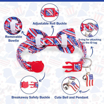 American Flag Cat Collar with Bell Bow Tie Star Breakaway - Image 2