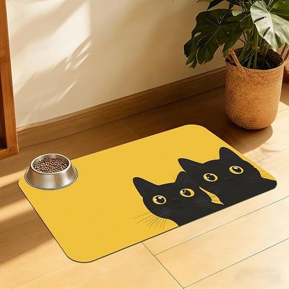 Cute Black Cat Peeking Pet Bowl Mat, Absorbent Placemat by QSOQSO