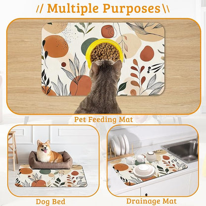 Boho Dog Cat Food Mat, Abstract Leaves Absorbent Waterproof Placemat - Image 7