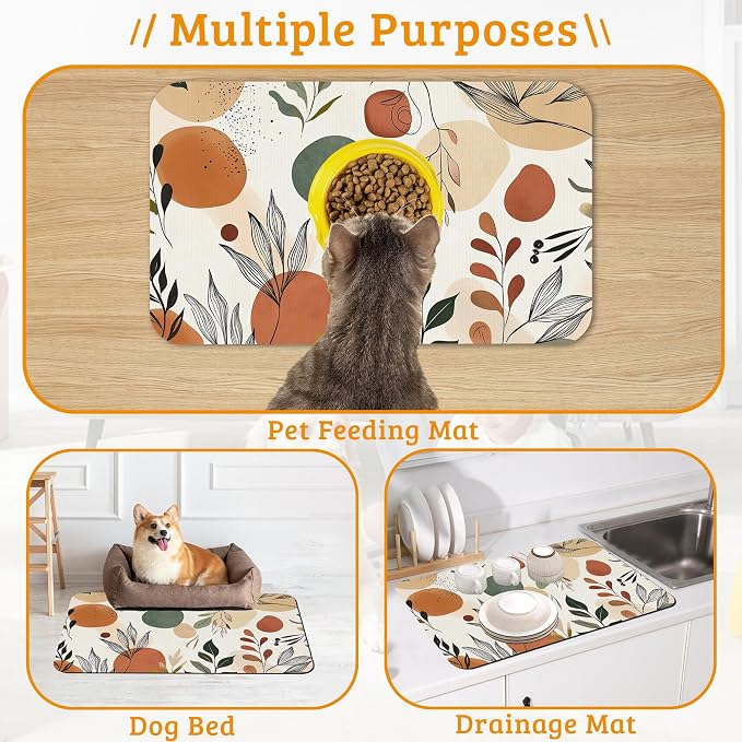 Boho Dog Cat Food Mat, Abstract Leaves Absorbent Waterproof Placemat - Image 7