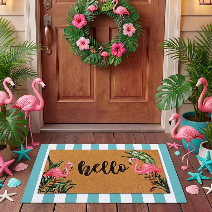 Tinideya 2 Pcs Summer Door Mat Flamingo Welcome Non Slip Coir Hello Mats Floor - Image 5