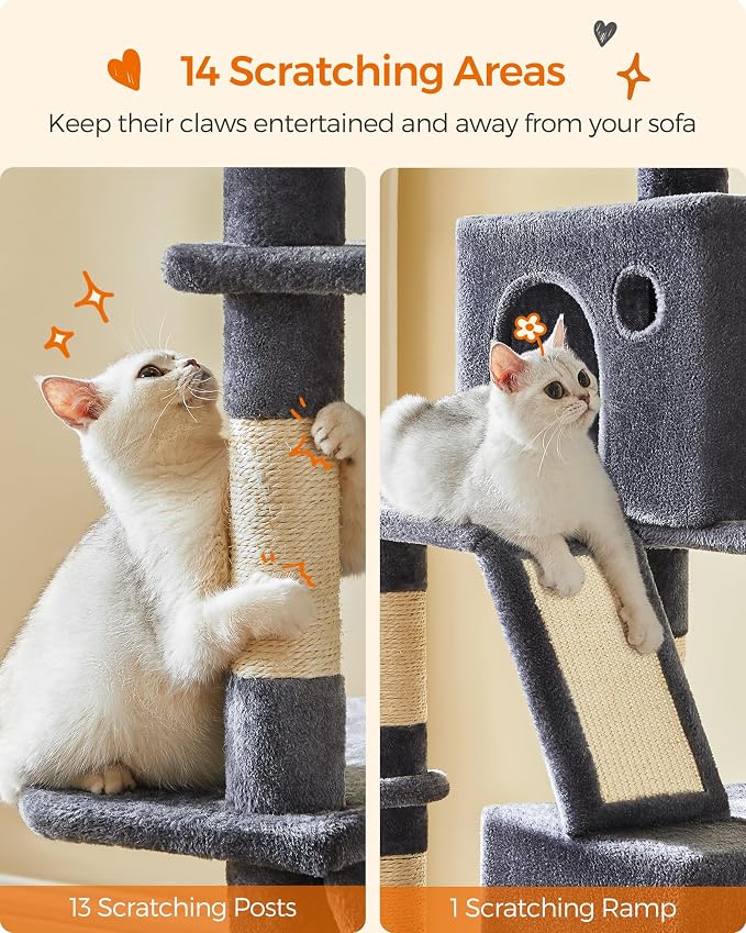 Feandrea Cat Tree, 81.1-Inch Large Cat Tower, 2 Perches, 2 Caves, Smoky Gray - Image 6