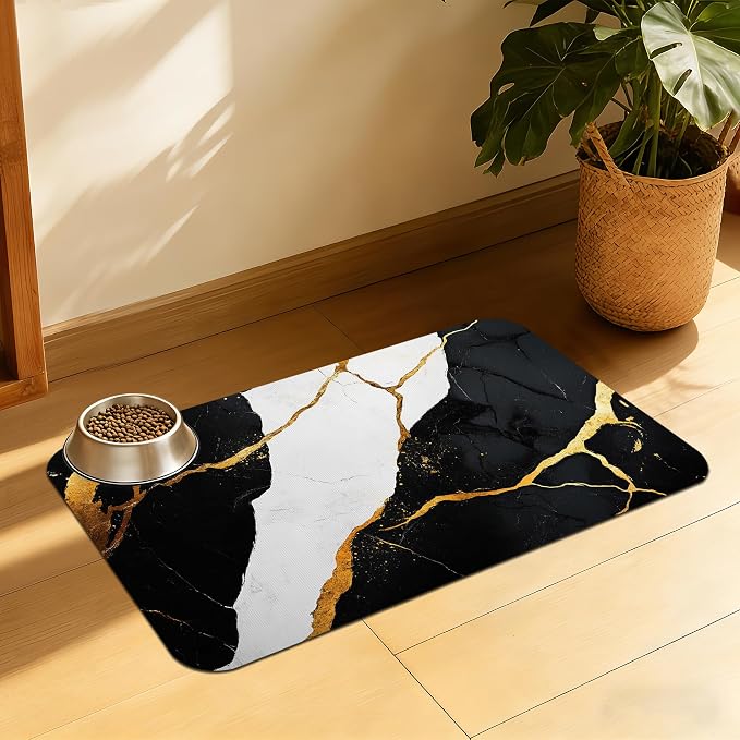 Black Gold Marble Dog and Cat Food Mat, Absorbent Feeding Placemat, Waterproof by QSOQSO