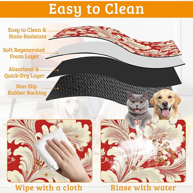 Red White Flower Feeding Mat, Paisley Absorbent Quick-Dry Cat Dog Food and - Image 5
