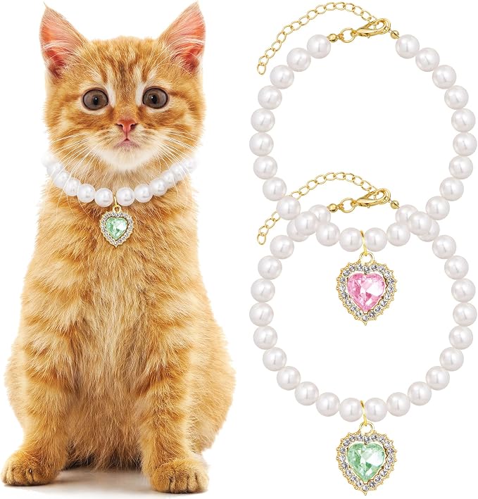 2pcs Pearl Collar for Cat Puppy, Small Cute Heart Shape Rhinestone Pet Necklace by Unknown