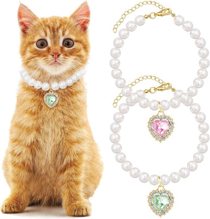 2pcs Pearl Collar for Cat Puppy, Small Cute Heart Shape Rhinestone Pet Necklace by Unknown