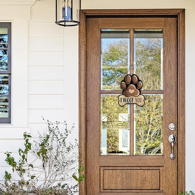 Dog Paw Prints Front Door Sign, I Woof You Bone Wood Hanger Outdoor Outside - Image 4