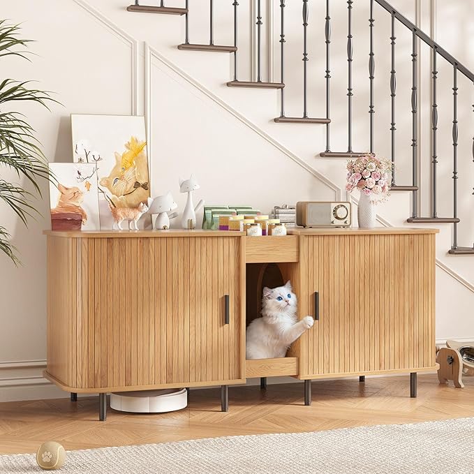 Double Litter Box Enclosure for 2 Cats, Large Indoor Cat House by Halitaa
