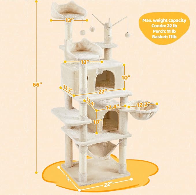Yaheetech Cat Tree, 67in Large Tower w/ 3 Removable Teaser Sticks, 2 Kitten-Ear - Image 3