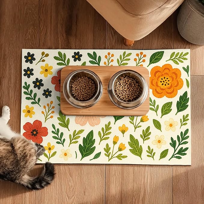 Trendy Flower Pattern Pet Feeding Mat Spill-Proof Feood Pad - Image 5