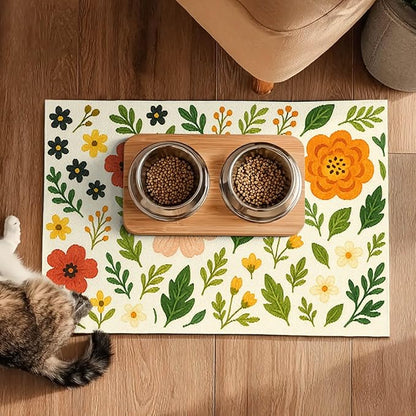 Trendy Flower Pattern Pet Feeding Mat Spill-Proof Feood Pad - Image 5
