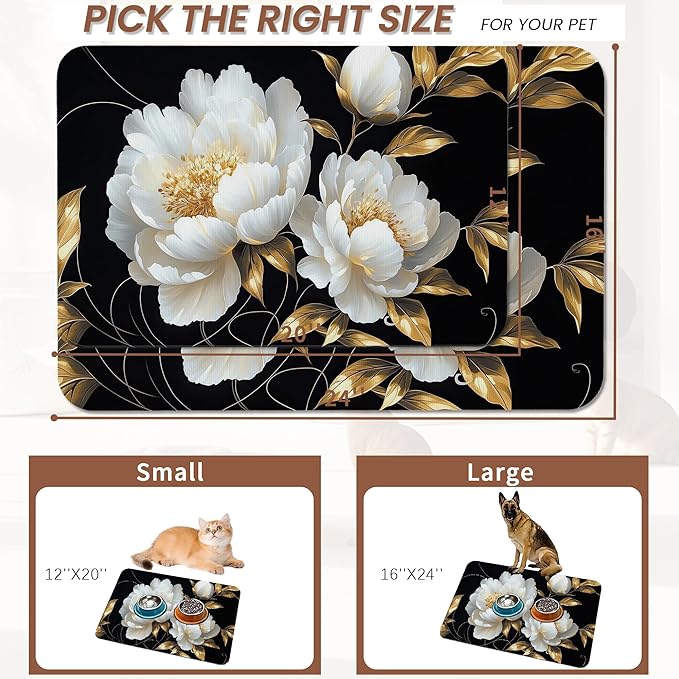 White Flowers Pet Feeding Mat, Glitter BloomingAbsorbent Quick-Dry Cat Dog Food - Image 2