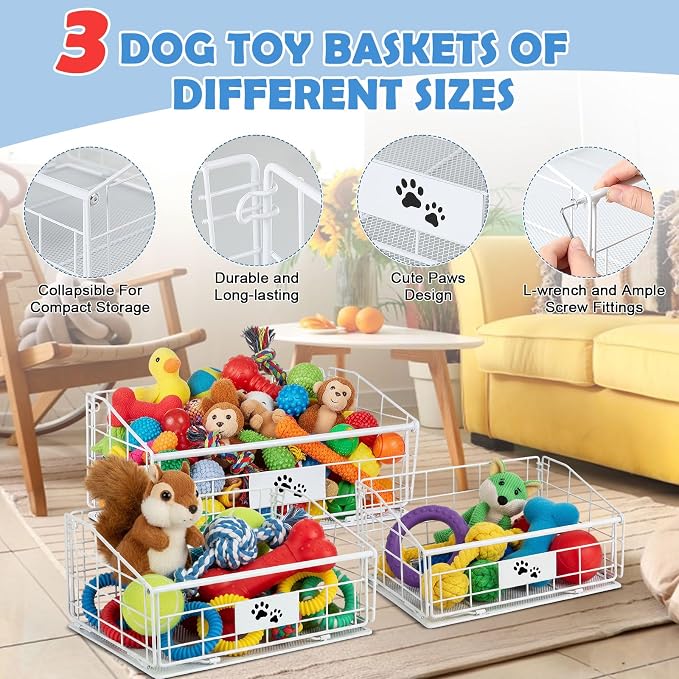 Mimorou 3 Pack Metal Dog Toy Baskets Multi-sized Foldable Dog Toy Bins Box - Image 3