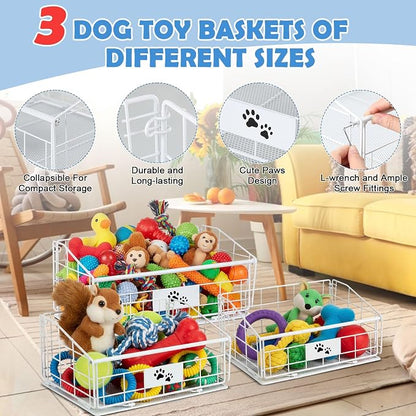 Mimorou 3 Pack Metal Dog Toy Baskets Multi-sized Foldable Dog Toy Bins Box - Image 3