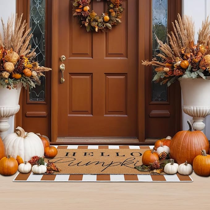 Tinideya 2 Pcs Fall Door Mat Thanksgiving Hello Pumpkin Welcome Non Slip Coir - Image 4