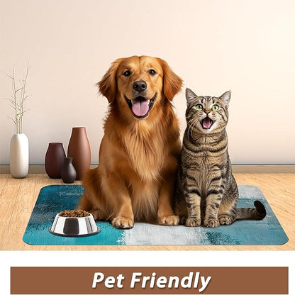 Turquoise Grey Dog Cat Food Mat, Teal Modern Art Absorbent Pet Feeding Mat - Image 6