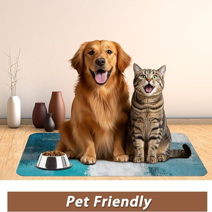 Turquoise Grey Dog Cat Food Mat, Teal Modern Art Absorbent Pet Feeding Mat - Image 6