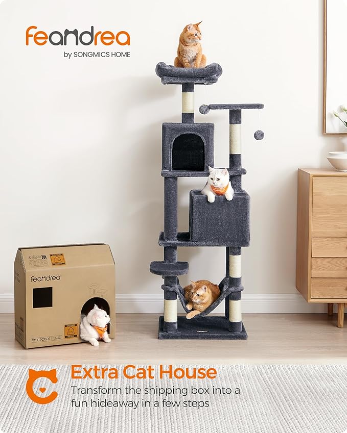 Feandrea Cat Tree, 59.5-Inch Tall Cat Tower, Plush Multi-Level Condo - Image 2