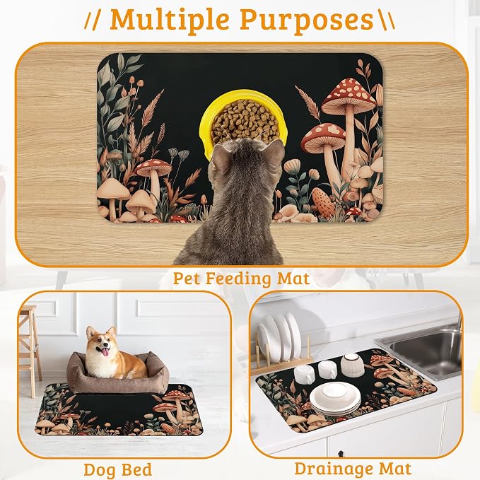 Vintage Mushroom Dog Food Mat, Leaf Absorbent Pet Feeding Mat - Image 7