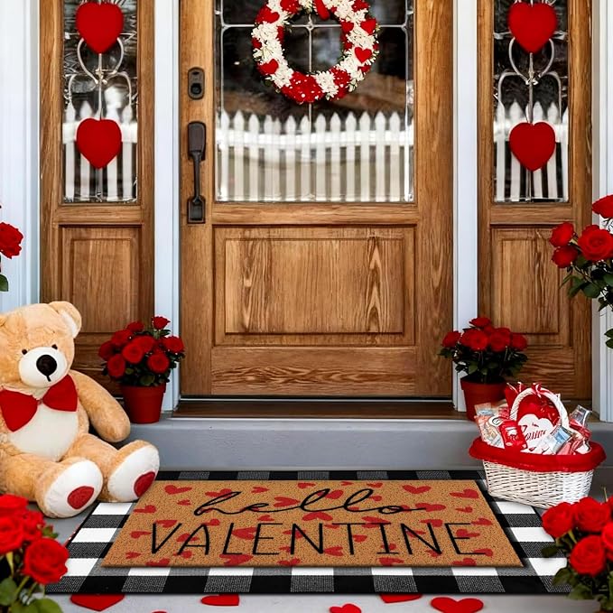 Tinideya 2 Pcs Valentine Door Mat Hello February 14th Welcome Non Slip Coir - Image 3