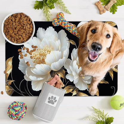 White Flowers Pet Feeding Mat, Glitter BloomingAbsorbent Quick-Dry Cat Dog Food - Image 7