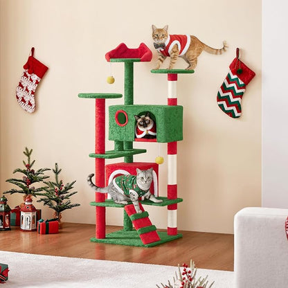 Yaheetech 54in Christmas Cat Tree, 2 Cozy Caves, Scratching Posts, Climbing - Image 3