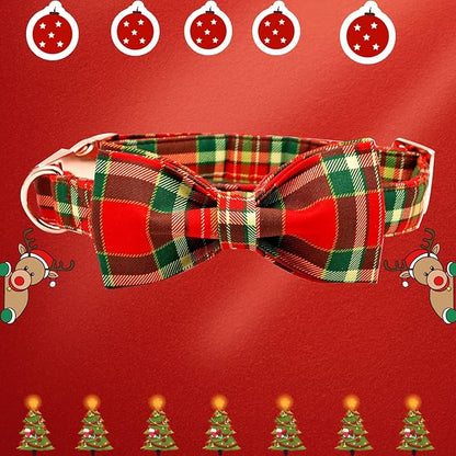 Dog Collar - Christmas Red Plaid Dog Collars Bowtie Gift Puppy Cute Soft Collar - Image 4