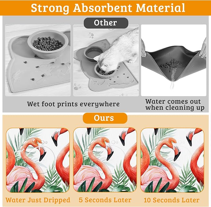 Pink Flamingo Dog Food Mat, Plam Leaves Absorbent Pet Feeding Mat - Image 3