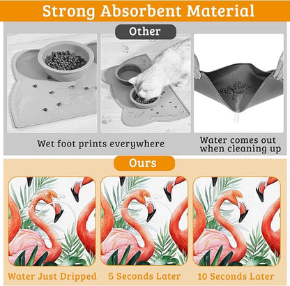 Pink Flamingo Dog Food Mat, Plam Leaves Absorbent Pet Feeding Mat - Image 3