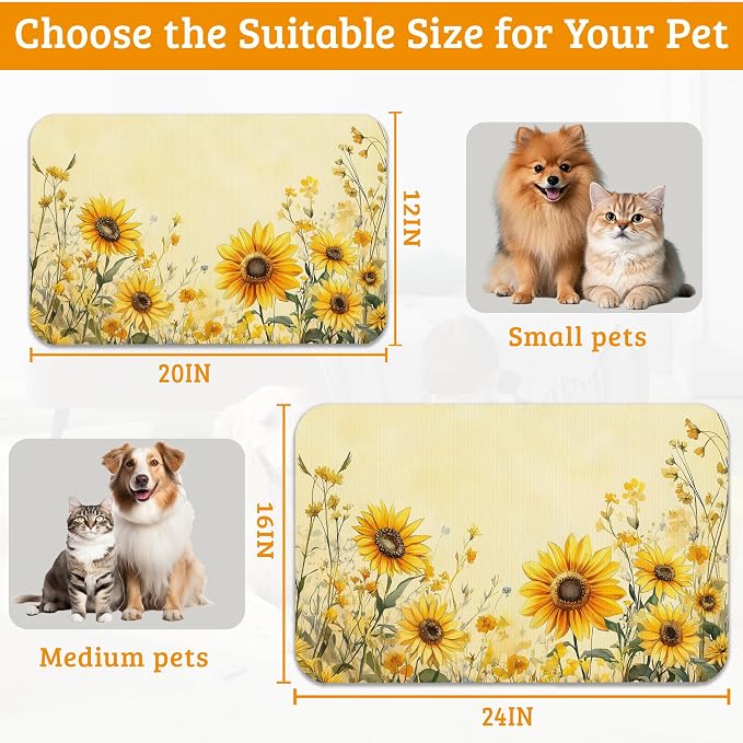 Yellow Floral Feeding Mat, Sunflower Absorbent Quick-Dry Cat Dog Food and Water - Image 6
