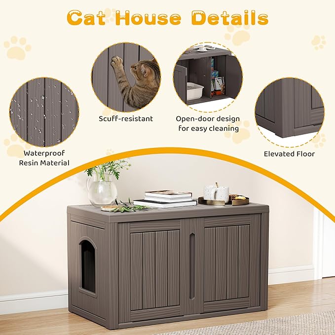 Cat Litter Box Enclosure, Indoor Outdoor Cat House Weatherproof, Side Table - Image 2