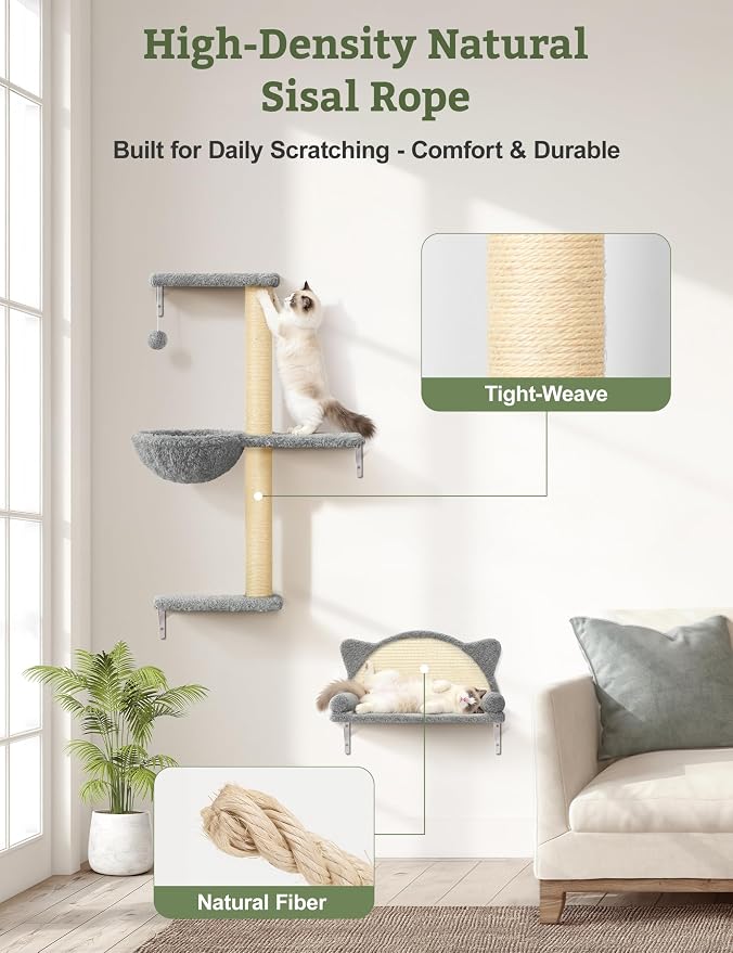 5-in-1 Cat Wall Shelves, Solid Wood & Velvet & Sisal Scratcher, 44lbs Max Load - Image 8