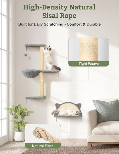 5-in-1 Cat Wall Shelves, Solid Wood & Velvet & Sisal Scratcher, 44lbs Max Load - Image 8