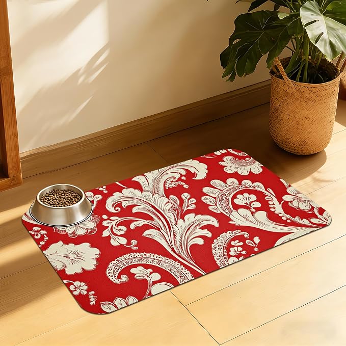 Red White Paisley Pet Food Mat, Absorbent Feeding Pad by QSOQSO
