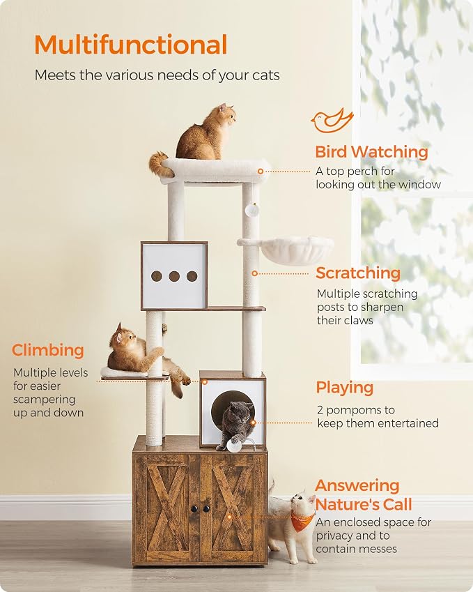 Feandrea Cat Tree with Litter Box Enclosure, 70.1-Inch Tall Cat Tower, 2-in-1 - Image 4