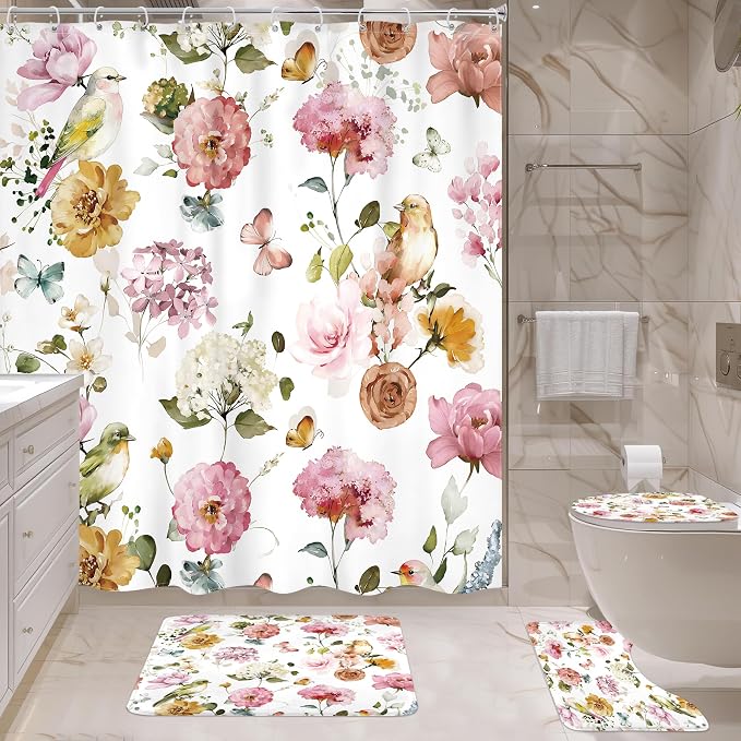 4 PCS Pink Floral Birds Bathroom Set - Image 4