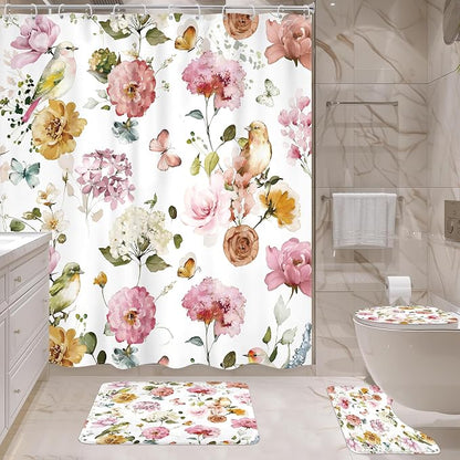 4 PCS Pink Floral Birds Bathroom Set - Image 4