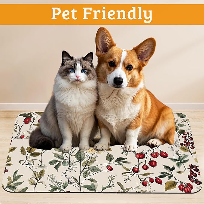 Butterfly Flower Dog Food Mat, Vintage Berry Absorbent Pet Feeding Mat - Image 2