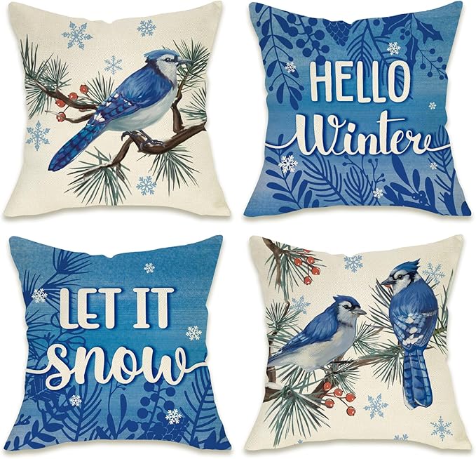 Fahrendom Hello Winter Bluebird Decorative Throw Pillow Covers 18x18 Set of 4 by Fahrendom
