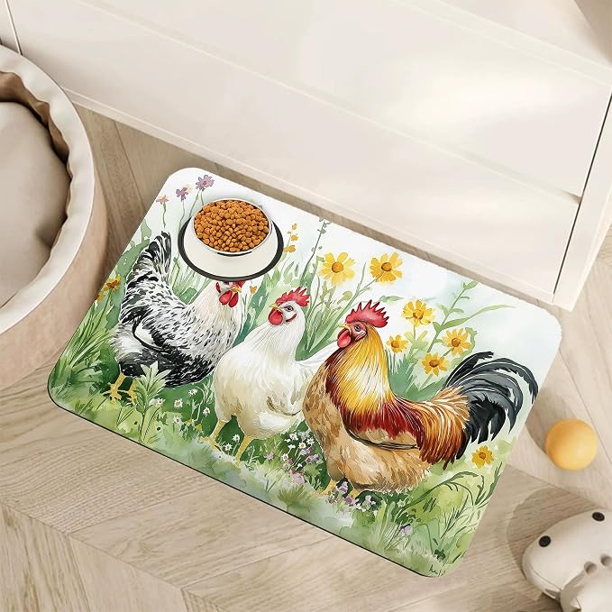 Chicken Rooster Dog Food Mat for Floors, Farm FlowerAbsorbent Pet Food and by Unknown