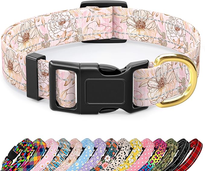 Reflective Dog Collar for Medium Dogs, Cute Flower Theme Adjustable Heavy-Duty by TMOODEL