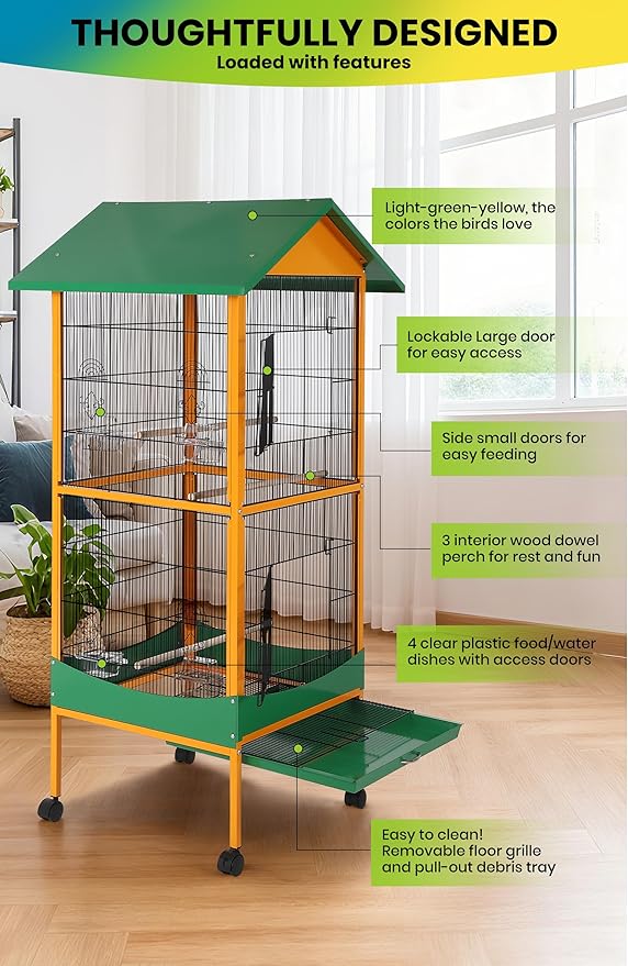 Garvee Bird Cage, w/Removeble Tray, Waterproof Roof, Lockable Caster, Indoor& - Image 4