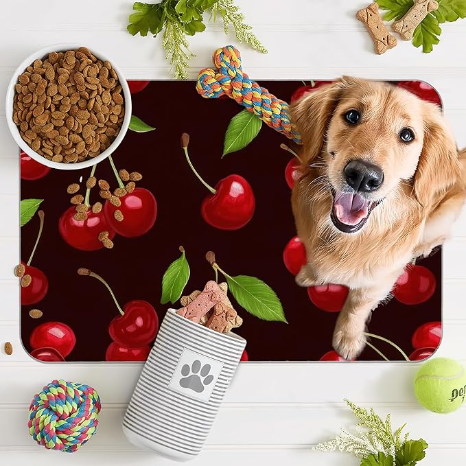 Red Cherry Pet Feeding Mat, Absorbent Quick-Dry Cat Dog Food and Water Bowl Mats - Image 7