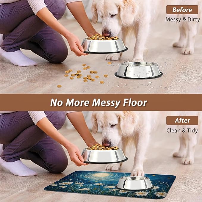 Starry Night Pet Feeding Mat, Moon Daisy Flower Absorbent Quick-Dry Cat Dog - Image 5