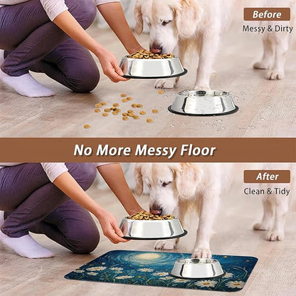 Starry Night Pet Feeding Mat, Moon Daisy Flower Absorbent Quick-Dry Cat Dog - Image 5