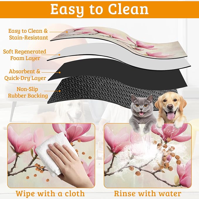 Pink Magnolia Feeding Mat, Vintage Flowers Absorbent Quick-Dry Cat Dog Food and - Image 5