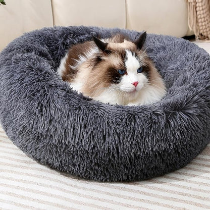 Calming Donut Cat Bed Dog Bed Round Plush Pet Cushion Fluffy Rabbit Cave Warm - Image 3