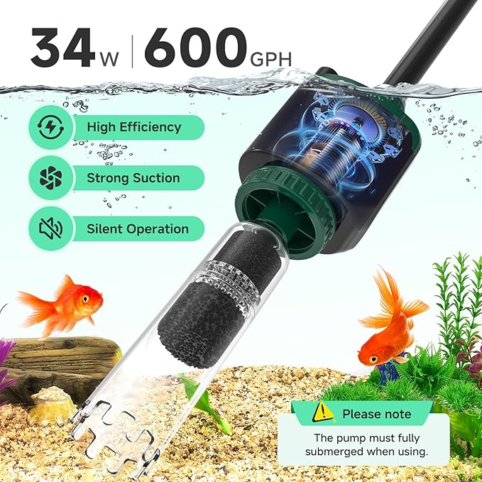 AQQA Fish Tank Cleaner, 34W 600GPH DC Gravel Vacuum - Image 2