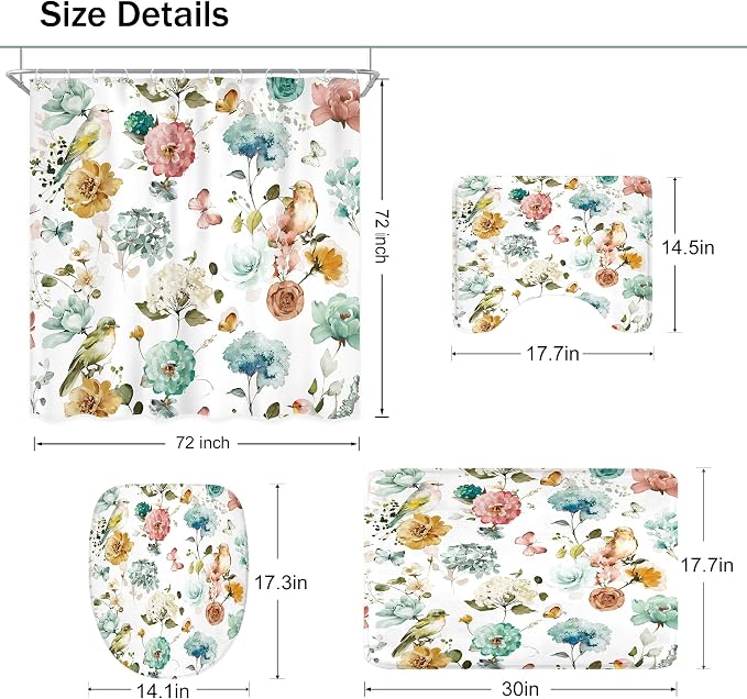 4 PCS Green Floral Birds Bathroom Set - Image 3
